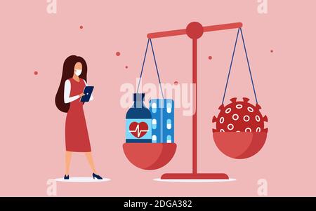Coronavirus drug pills treatment concept vector illustration. Cartoon tiny doctor standing near big unbalanced scales with corona virus covid19 cells and medicines capsules from drugstore background Stock Vector
