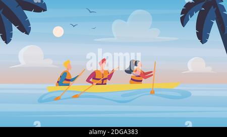 People in kayaking tour in tropical nature landscape vector illustration. Cartoon man woman characters, sitting in boat, traveling in kayak. Outdoor rafting, boating, summer adventures background Stock Vector