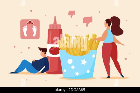 Fast food french fries, overeating concept vector illustration. Cartoon man woman characters eat too much unhealthy snack streetfood in cafe and become fat overweight. Junk meal nutrition background Stock Vector