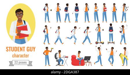 Student guy poses vector illustration set. Cartoon young male character in jeans posing with books in avatar, riding hoverboard, studying with laptop or gaming in different postures isolated on white Stock Vector