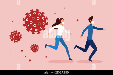 People run away from aggressive danger scary coronavirus covid19 cells concept vector illustration. Cartoon man woman couple characters running in panic fear, virus pathogens catching up background Stock Vector