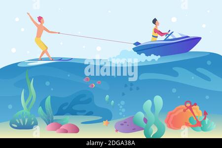 Extreme sea water sport vector illustration. Cartoon seascape with wakeboarder man character riding wakeboard and motor boat, waterskiing and wakeboarding summer season sport activity background Stock Vector
