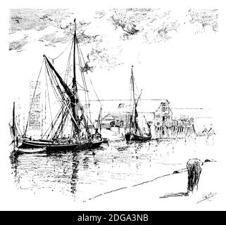 Barges at the Wharves, Maldon, Essex,, illustration by Edward William Charlton from 1896 The Studio an Illustrated Magazine of Fine and Applied Art Stock Photo