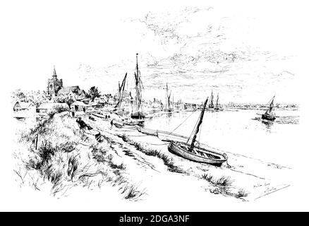 Maldon, Essex, riverbank, illustration by Edward William Charlton from 1896 The Studio an Illustrated Magazine of Fine and Applied Art Stock Photo