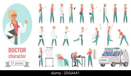 Doctor woman poses vector illustration set. Cartoon female medical hospital worker character showing different poses, healthcare staff working postures. Front, side and back view isolated on white Stock Vector