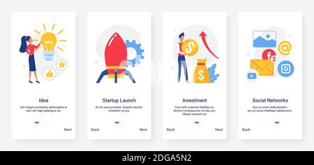 Startup business idea with rocket launch and light bulb, investment, social media technology vector illustration. Mobile app page onboard screen set with cartoon flat concept of business projects Stock Vector