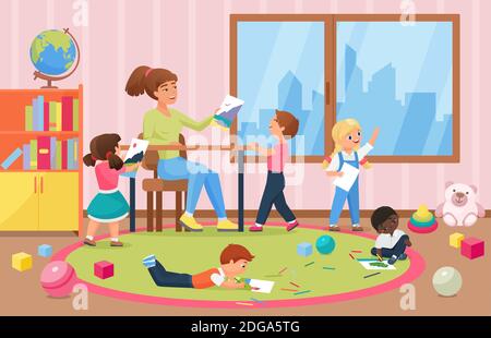Line drawing of happy kids with their teacher dancing together, hand drawn  cartoon clipart vector illustration Stock Vector | Adobe Stock