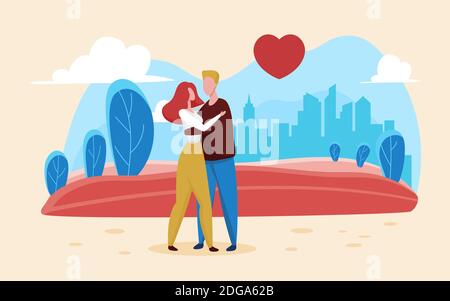 Valentines day love concept vector illustration. Cartoon happy lovers hug on romantic date, man woman couple characters loving and hugging for valentine day, relationship and romance background Stock Vector