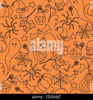 Halloween orange festive seamless pattern. Endless background with pumpkins, skulls, bats, spiders, ghosts, bones, candies, spider web and speech Stock Vector