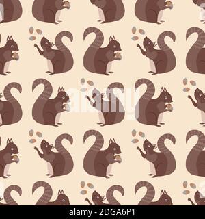 Cute squirrel with acorns seamless pattern background. Red brown woodland animals juggling and holding nuts on neutral cream color backdrop. Forest Stock Vector