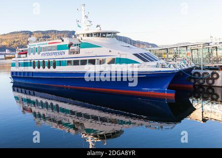 Trondheim, Norway - October 20, 2016: Passenger ship Ladejarl by Kystekspressen is moored in Trondheim port Stock Photo