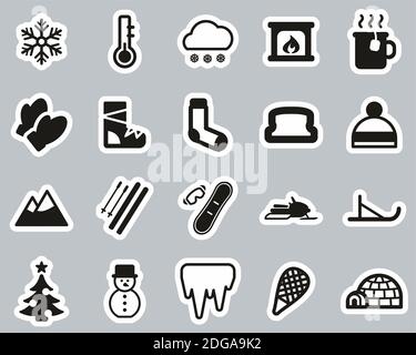 Winter Icons Black & White Sticker Set Big Stock Vector