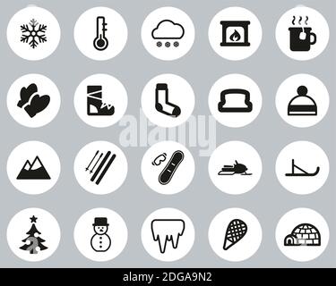 Winter Icons Black & White Flat Design Circle Set Big Stock Vector