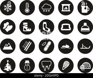 Winter Icons White On Black Flat Design Circle Set Big Stock Vector