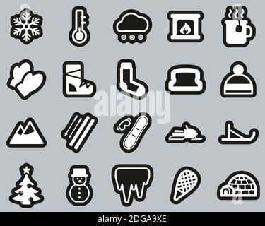 Winter Icons White On Black Sticker Set Big Stock Vector
