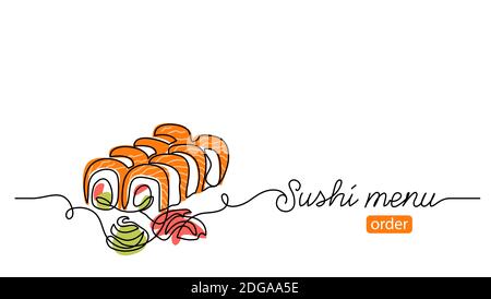 Sushi roll vector banner, background. One continuous line art drawing banner with text sushi menu for order, delivery Stock Vector