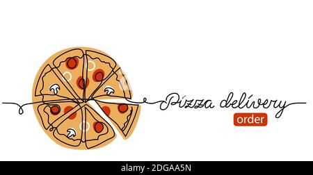 Pizza doodle, sketch vector banner, background, poster. One continuous line art drawing banner with text pizza delivery, order Stock Vector