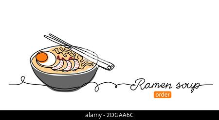 Ramen soup noodles vector banner, background. One continuous line art drawing banner with text Ramen soup for order,delivery Stock Vector