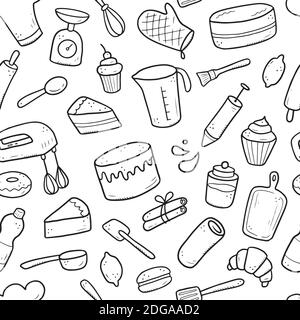 Hand drawn seamless pattern of baking and cooking tools, mixer, cake, spoon, cupcake, scale. Doodle sketch style. Illustration for textile, background, wallpaper design. Stock Vector