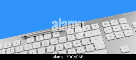 Keyboard and pen against blue background Stock Photo