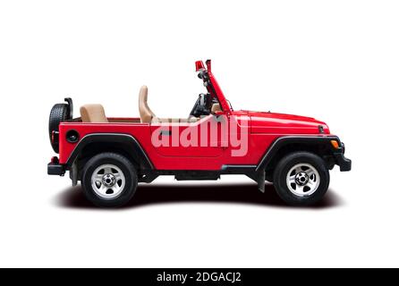 Red cabrio Jeep Wrangler side view isolated on white background Stock Photo