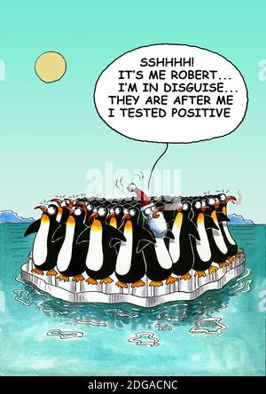 Corona Christmas gag cartoon about penguin herd Stock Photo