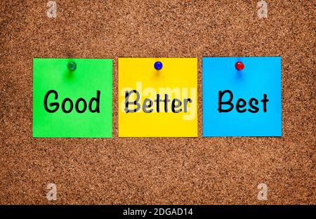 Three colored notes with words Good, Better, Best on corkboard Stock Photo