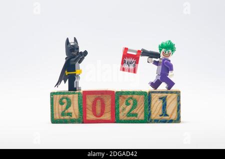 lego batman and joker celebrating year 2021. minifigures are manufactured by The Lego Group. Stock Photo