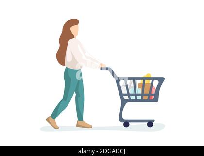 Young woman purchaser carrying supermarket shopping cart full of groceries. Female buyer pushing grocery store basket. Customer with products vector f Stock Vector
