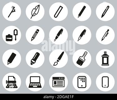 Writing Tools Icons Black & White Flat Design Circle Set Big Stock Vector