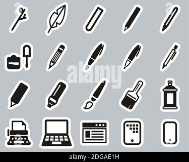Writing Tools Icons Black & White Sticker Set Big Stock Vector