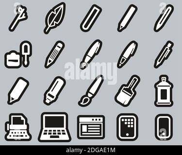 Writing Tools Icons White On Black Sticker Set Big Stock Vector