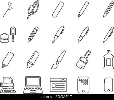 Writing Tools Icons Black & White Thin Line Set Big Stock Vector