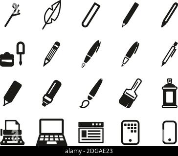 Writing Tools Icons Black & White Set Big Stock Vector