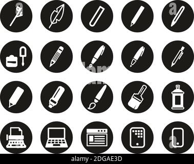 Writing Tools Icons White On Black Flat Design Circle Set Big Stock Vector