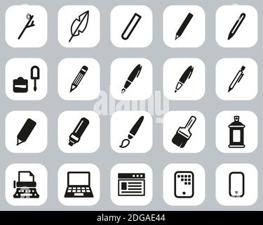 Writing Tools Icons Black & White Flat Design Set Big Stock Vector