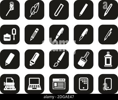 Writing Tools Icons White On Black Flat Design Set Big Stock Vector