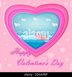 Valentine's Day banner with red heart and sea with boat on pink background. Paper cut art. Card with text, layered heart, ocean, heart and ship.Vector Stock Vector