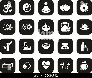 Yoga Exercise & Yoga Lifestyle Icons White On Black Flat Design Set Big Stock Vector