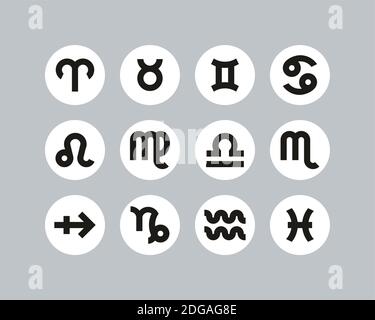 Zodiac Symbols Icons Black & White Flat Design Circle Set Big Stock Vector