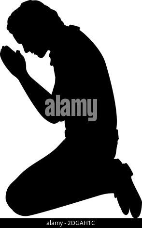 Silhouette of man sitting on her knees praying. Illustration symbol icon Stock Vector