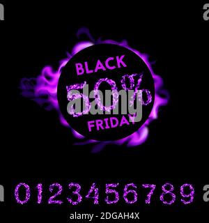 80 percent off black friday. Violet neon fire design on black background. Vector illustration Stock Vector