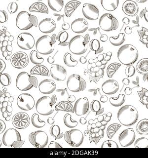 Black and white seamless pattern with different fruits in vintage style Stock Vector