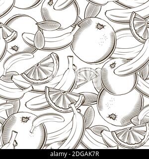 Black and white seamless pattern with bananas and oranges in vintage style Stock Vector