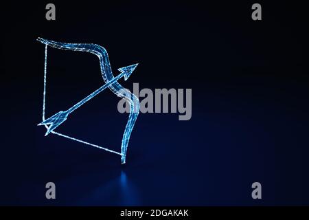 Illuminated wireframe of a bow and arrow on dark blue background. 3D Rendering Stock Photo