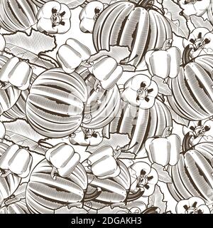 Black and white seamless pattern with pumpkins and red pepper in vintage style Stock Vector
