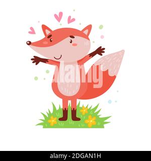 Cute fox stands on a green lawn. Simple illustration on an isolated background. Can be used as a design for office supplies, prints on clothes. Stock Vector