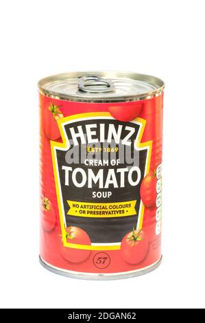 Isolated can of Cream of Tomato soup. The H.J. Heinz / Kraft food company has been manufacturing this product since 1910: Yateley, UK - September 22, Stock Photo