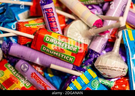 08/12/2020 Portsmouth, Hampshire, UK A selection of retro sweets close up with the focus on a drumstick lolly Stock Photo