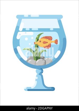 Flat vector illustration of glass aquarium with tropical fish. Fish tank flat icon. Thorichthys fish in aquarium with green water plant and grey stones. Stock Vector